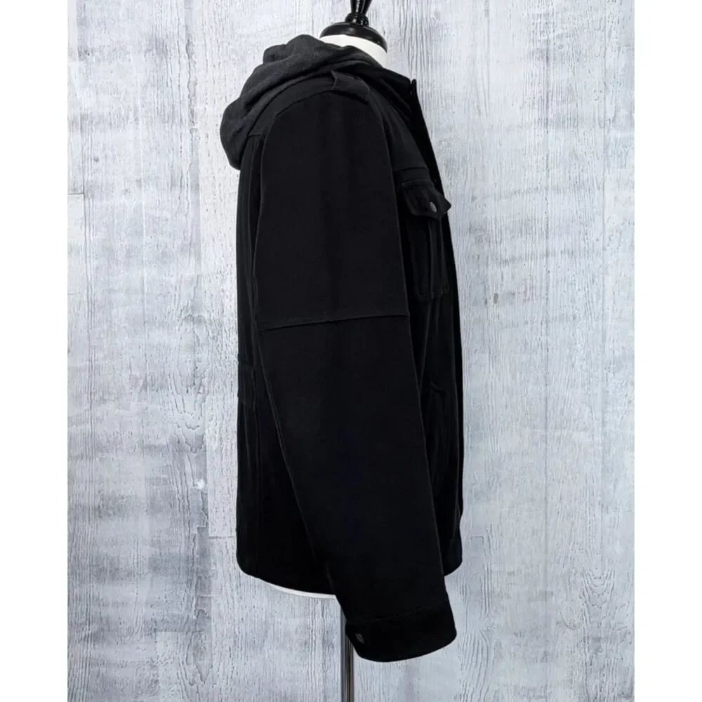 Levis Jacket Mens M Black Wool Blend Hooded Lined Quilted Pea Coat